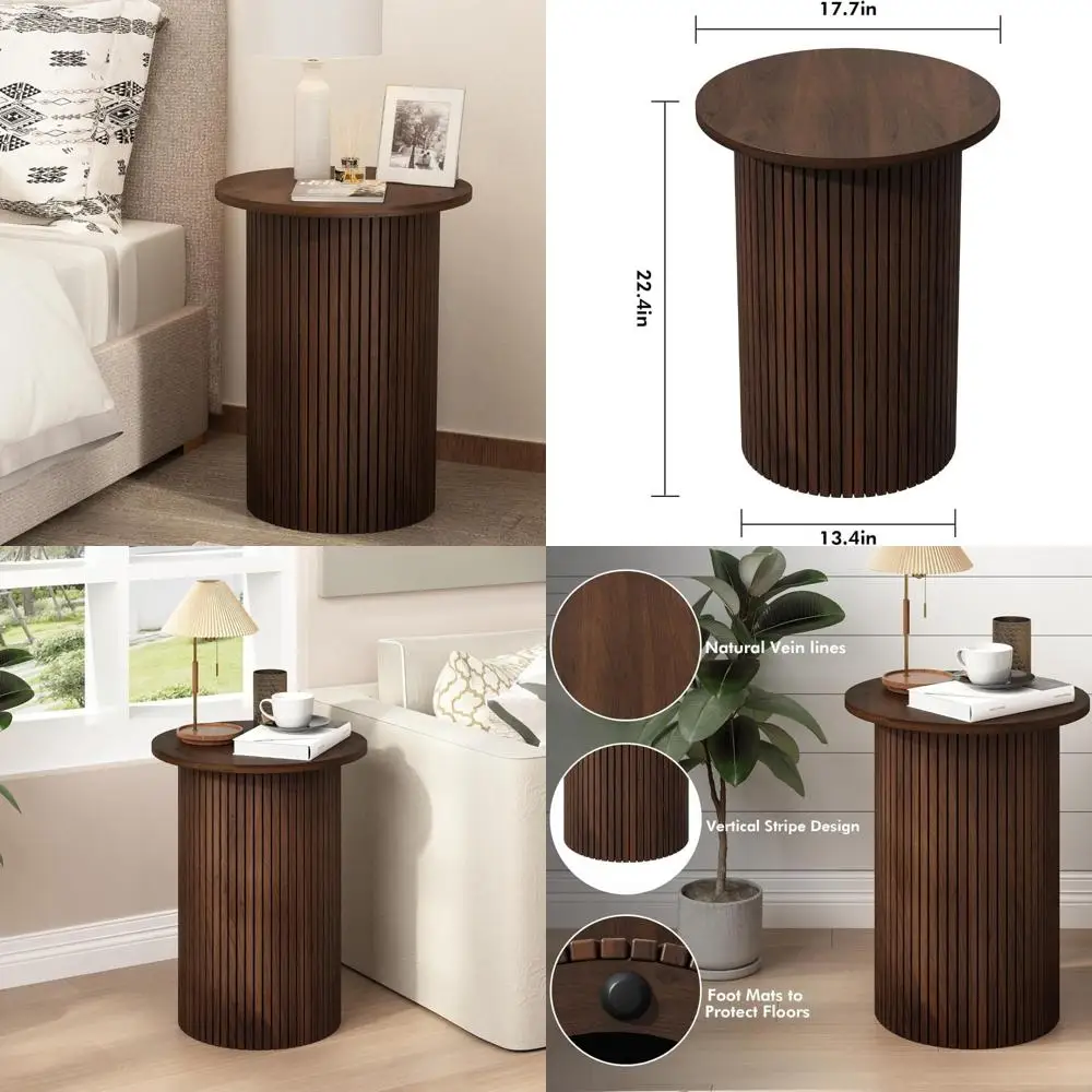 

Round Fluted Wood Accent Table, Small Pedestal Side Table for Living Room, Bedroom, Nightstand Bedside Table with Fluted Design