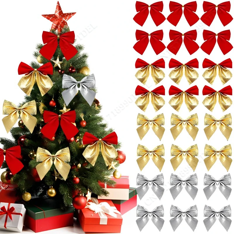 12pcs Christmas Bow Christmas Decorations For Home Gold Red Bowknot Xmas Tree Ornaments New Year 2024 Navidad Decor Supplies