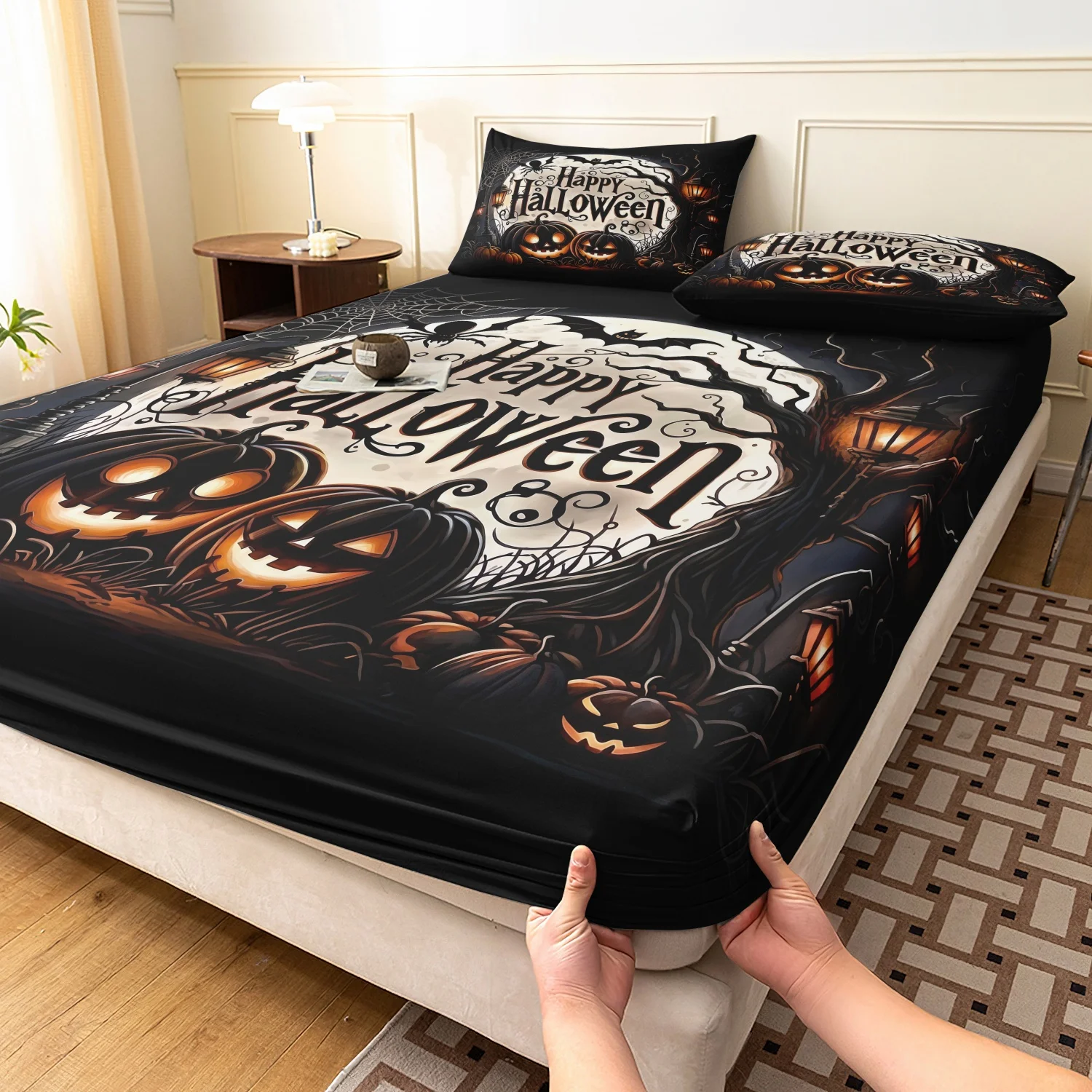 3Pcs Happy Halloween Spooky Pumpkin Print Fitted Sheet Set, Lantern Spider Web Bat Retro Lantern Printed Bedding