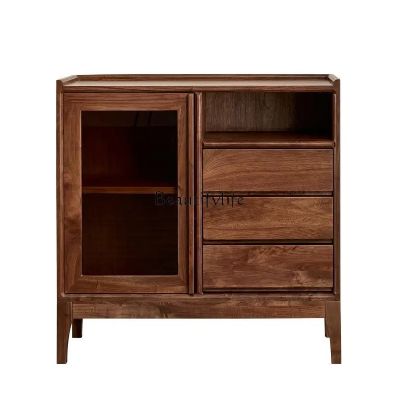 

Nordic simple black walnut side cabinet Japanese solid wood home restaurant glass door locker