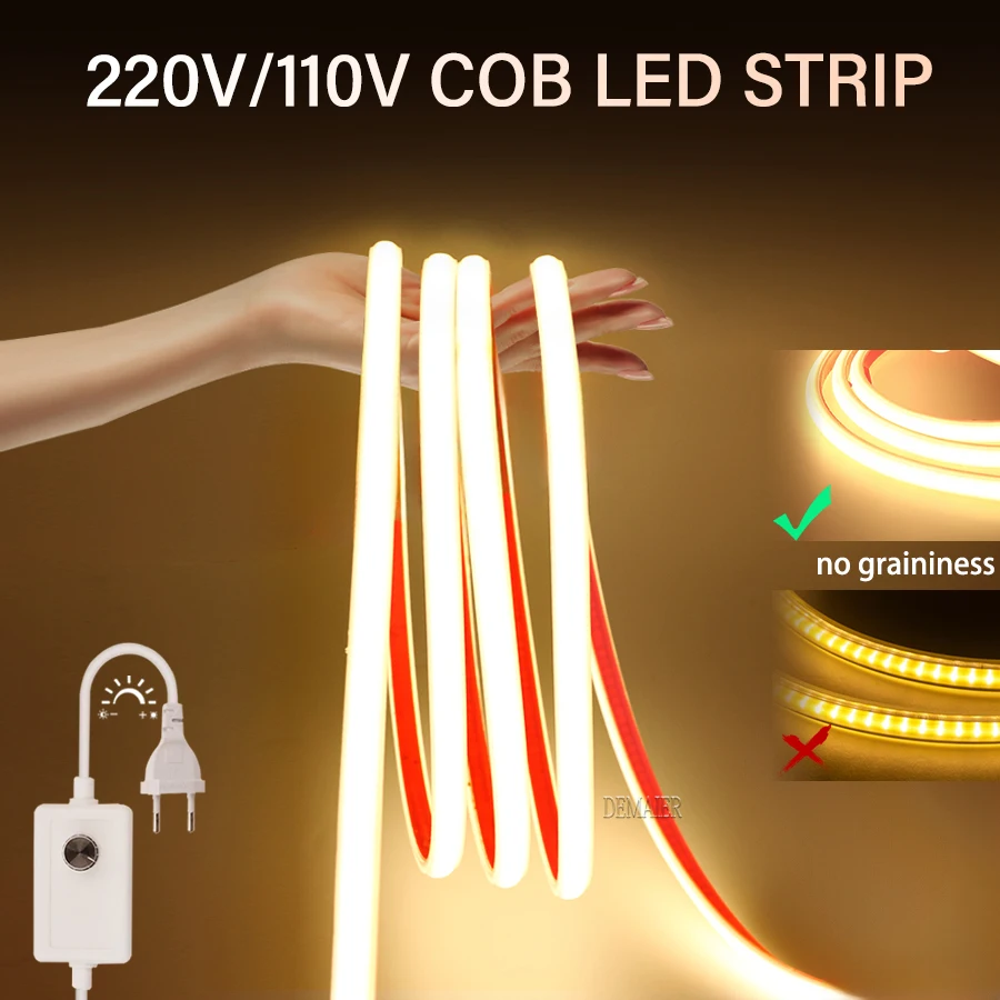 COB LED 네온 스트립 조명, 220V 전원, EU 플러그, 조도 조절 스위치, RA90 360LED/m, 높은 루멘, 방수 주방 옷장 백라이트