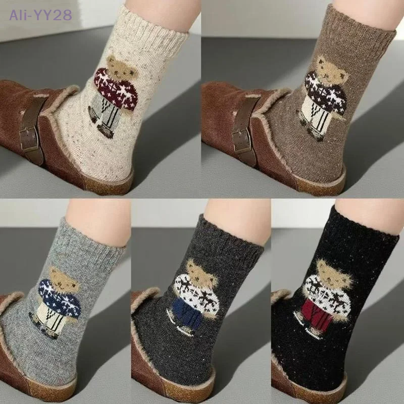 

{YY28} 2/5Pairs Cartoon Cute Little Bear Mid-Calf Socks For Women Fashion Winter Thickened Warm Socks Christmas Gifts