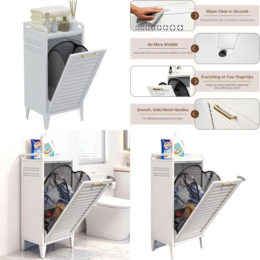 

White 13 Gallon Tilt-Out Hamper Cabinet with Golden Handle for Laundry Storage in Bathroom, Laundry Room, Bedroom
