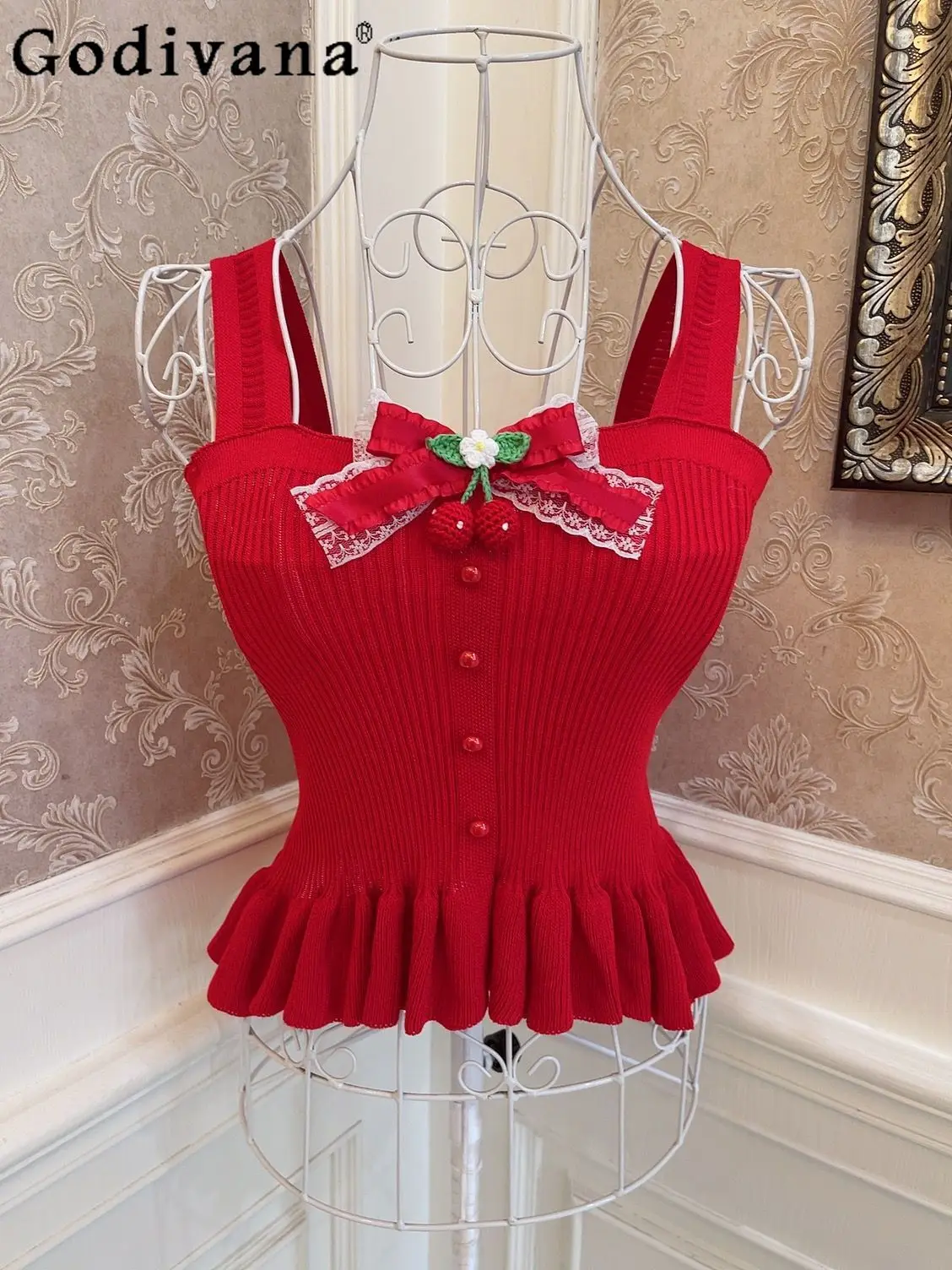 Girly Sweet Y2k Cherry Bow Lace Patchwork Ruffled Edge Red Vest Summer Fashion Slim Exposed Navel Short Elegant Red Tops Women