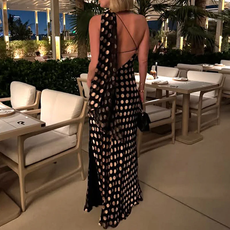 แฟชั่นแขนกุด Slim Robe ชุดใหม่ Polka Dot พิมพ์ชุดราตรีผู้หญิง Elegant Halter Hollow High เอวชุดยาว