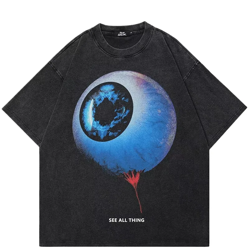 

Hip Hop Retro Washed Black T-Shirt Streetwear Big Eyeball Graphic T Shirt Cotton Unisex Tshirt Men Tops Tees Dope Y2K
