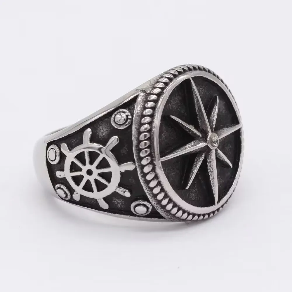 High Quality Spot Ring Stainless Steel SilverNavy windship anchor rudder  Hip Hop Men Ring