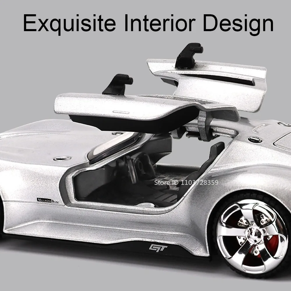 1:32 gt slr 772s modelo em miniatura carro esportivo brinquedos liga diecast som luz portas abertas puxar para trás supercarros de brinquedo para crianças presentes