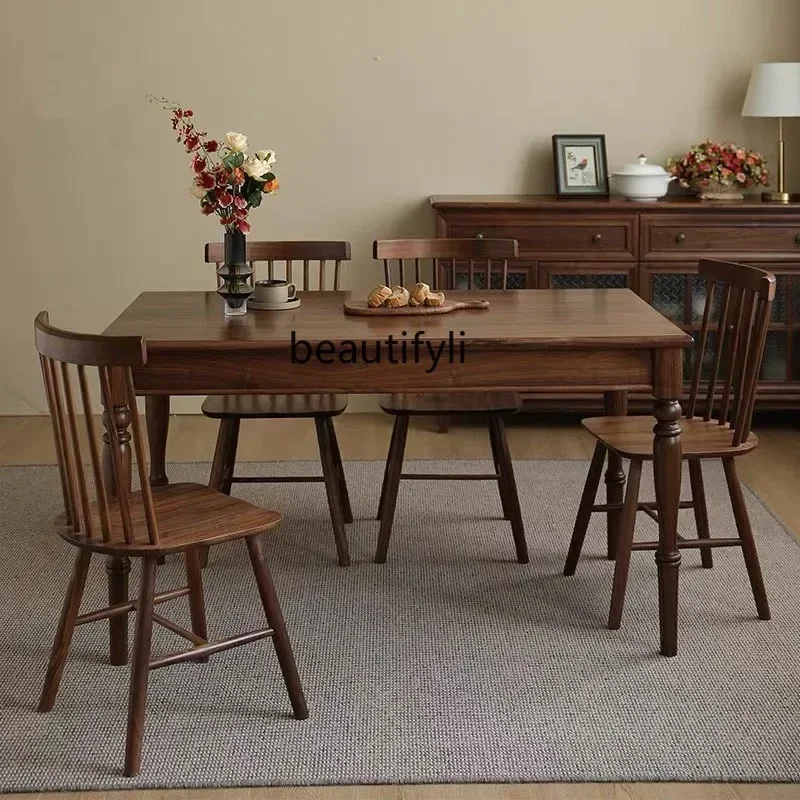 AA67 American solid wood dining table and chair combination medieval rectangular table black mahogany dining table retro style