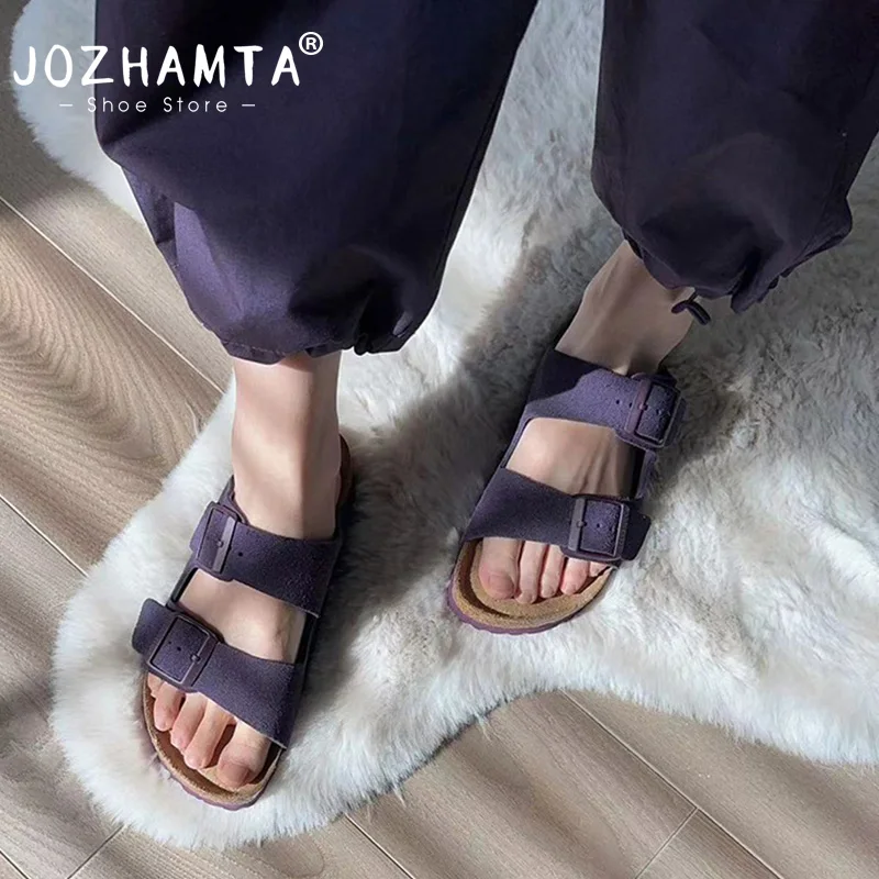 JOZHAMTA Size 35-40 Women Casual Beach Slippers Suede Real Leather Wedges Summer Shoes 2025 Slouchy Daily Slides Sandals Dress