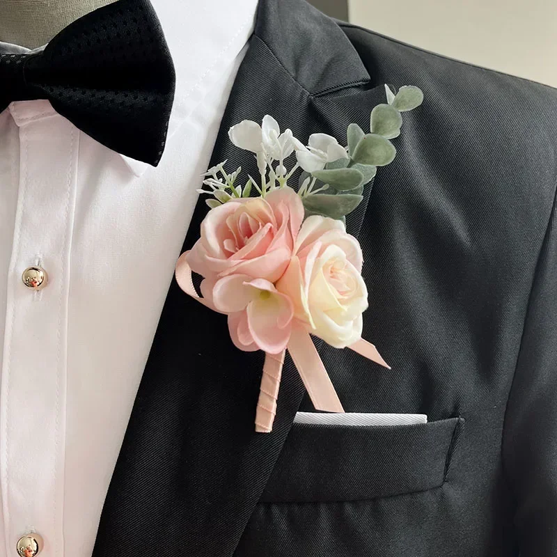 Noivo boutonniere casamento pulso corsage pulseiras para damas de honra rosas flores artificiais homens buttonhole acessórios de festa