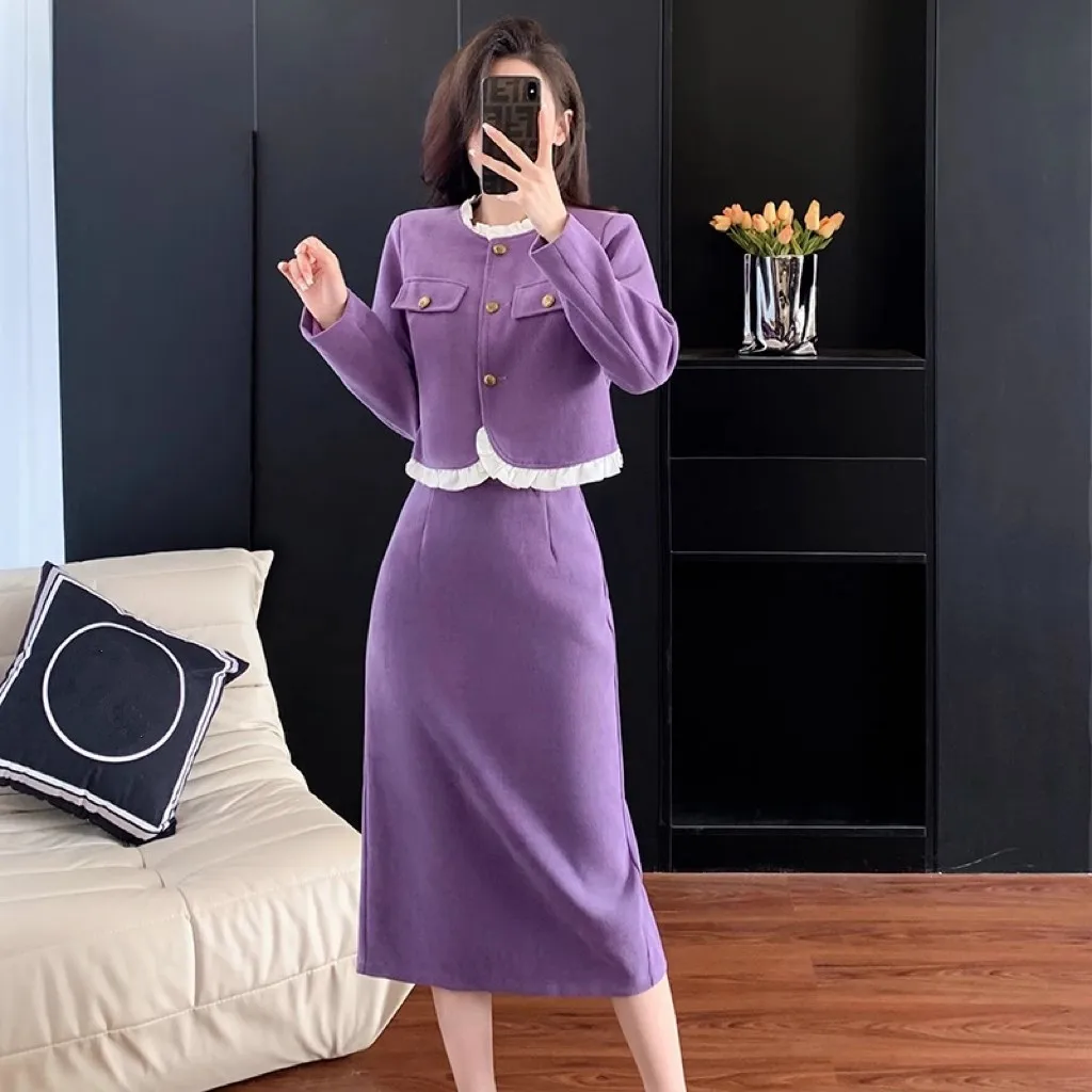 

France Small Fragrant Autumn Winter Purple 2 Piece Set Women O Neck Single Breasted Ruffles Coat + Long Split A Line Skirt Suit