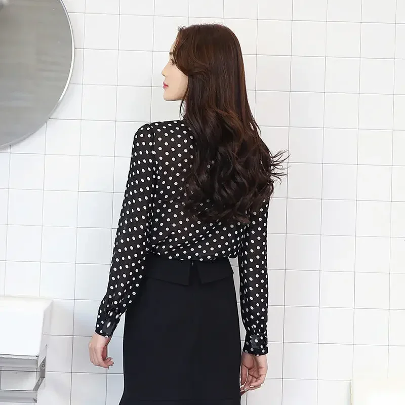 Women Blouse Fall Wear Long Sleeves Shirt Bow Black  White Polka Dot Chiffon Shirt Top Blusas Ropa De Mujer