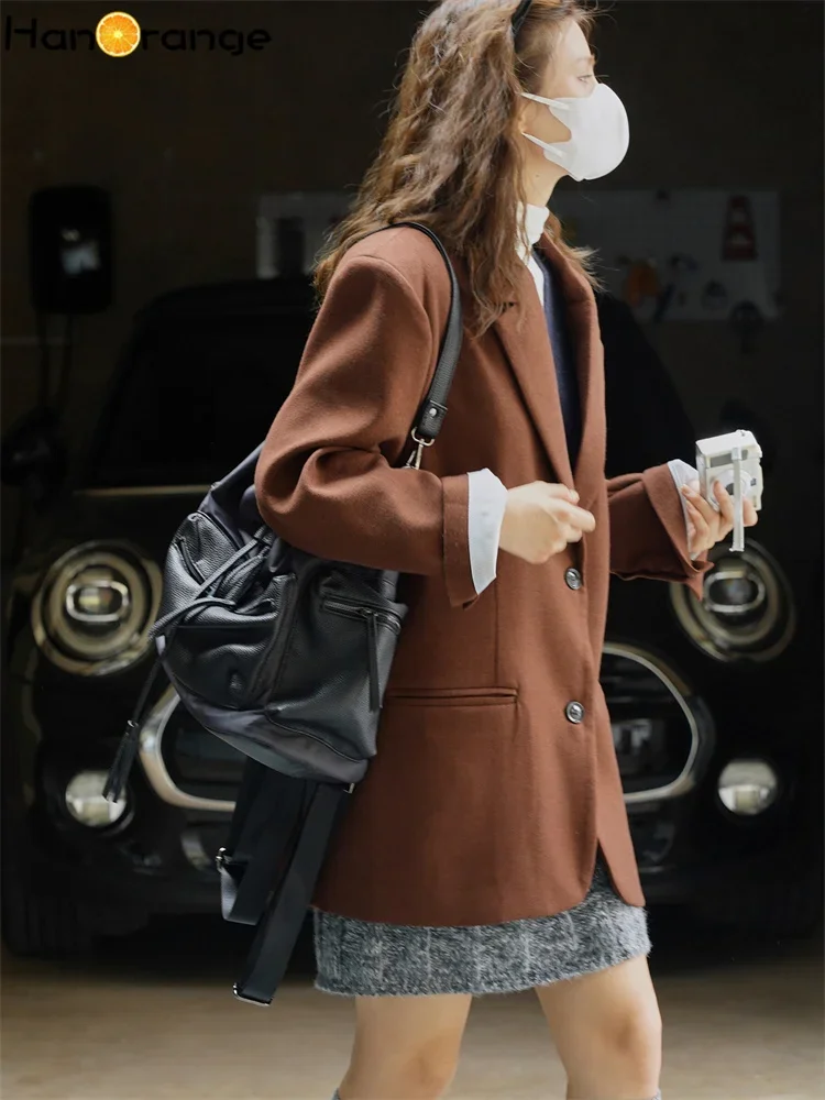 HanOrange 2024 Winter Fashion Retro Wool Silhouette Suit Coat Women Loose Warm Woolen Blazer Female Dirty Orange/Gray