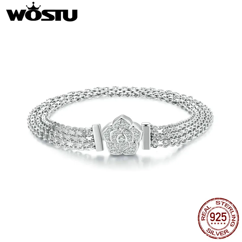 WOSTU Original 925 Sterling Silver Rose Basic Bracelet Flat Chain Bangle Sparkling Zirconia Flower Charm for Women Birthday Gift