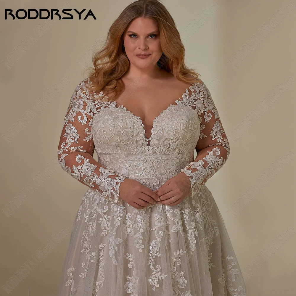 RODDRSYA Elegante Brautkleider Für Frau Plus Größe Lange Ärmel Applique Brautkleider Roddrsya elegante Brautkleider für Frauen plus Größe lange Ärmel Applikation Brautkleider A-Linie V-Ausschnitt Tüll Vestidos de Novia