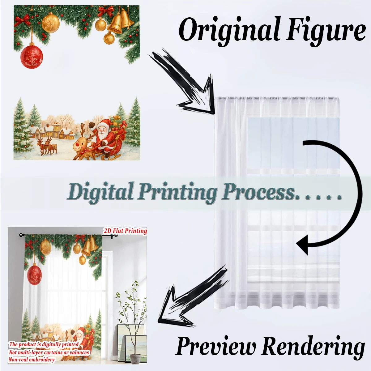 ستارة شفافة مطبوعة مسطحة لعيد الميلاد مع زخرفة سانتا كلوز لأشجار عيد الميلاد لغرفة المعيشة وغرفة النوم وحفلات العطلات