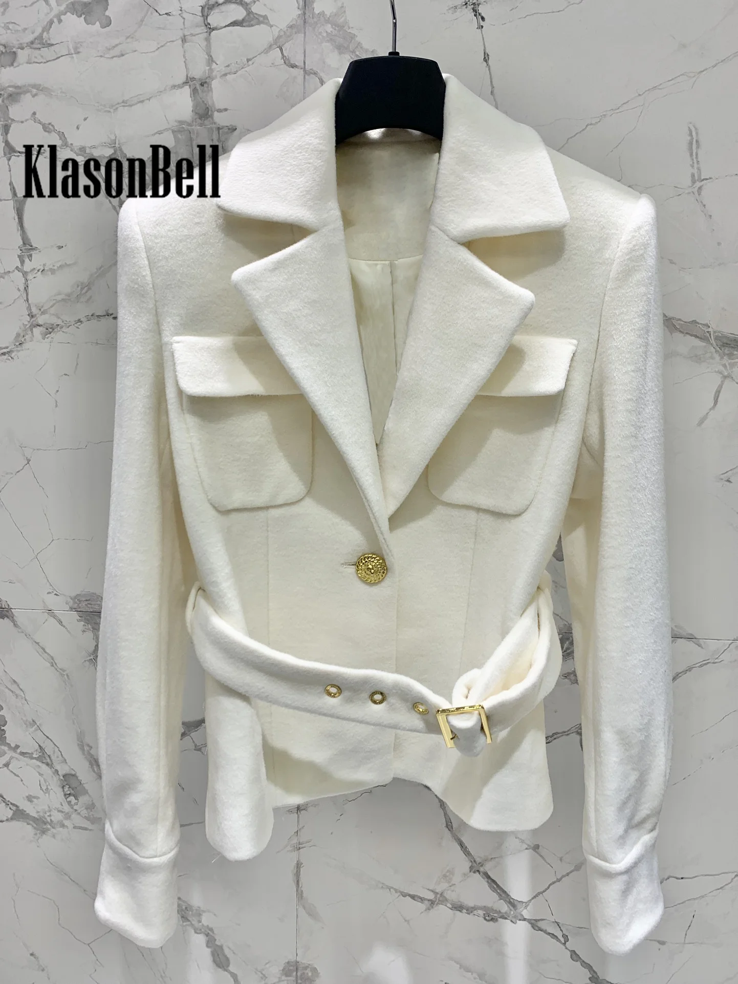 8.7 KlasonBell Women Elegant Turn-down Collar Lion Gold Button Wool Slim Coat Buckle Sashes Collect Waist Short Outerwear