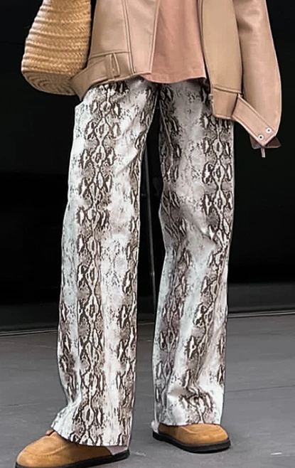 

Retro Snake Patterned Loose High Waisted Straight Leg Casual Pants for Summer Women's Casual Fashion Pocket Straight Leg Pants
