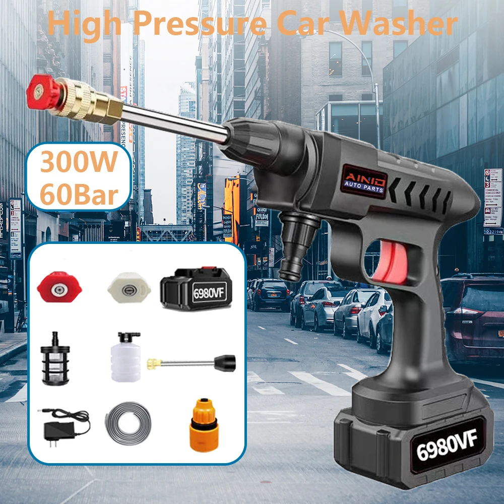 60BAR 30000mAh Wireless High Pressure Car Washer Self Priming Sustain Washing 300W Car Wash Water Gun With Li-ion Battery