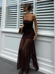 TARUXY Mesh Splice Strapless Long Dress For Women sexy One Shoulder Evening Party Dress Sleeveless Slim Summer New Female Dress