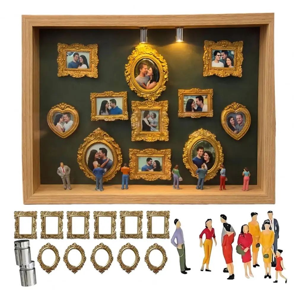 Kit DIY de Cenário em Miniatura: Caixa de Silhueta, Mini Museu, Caixa de Sombra com Molduras Douradas e Figuras para Viagem