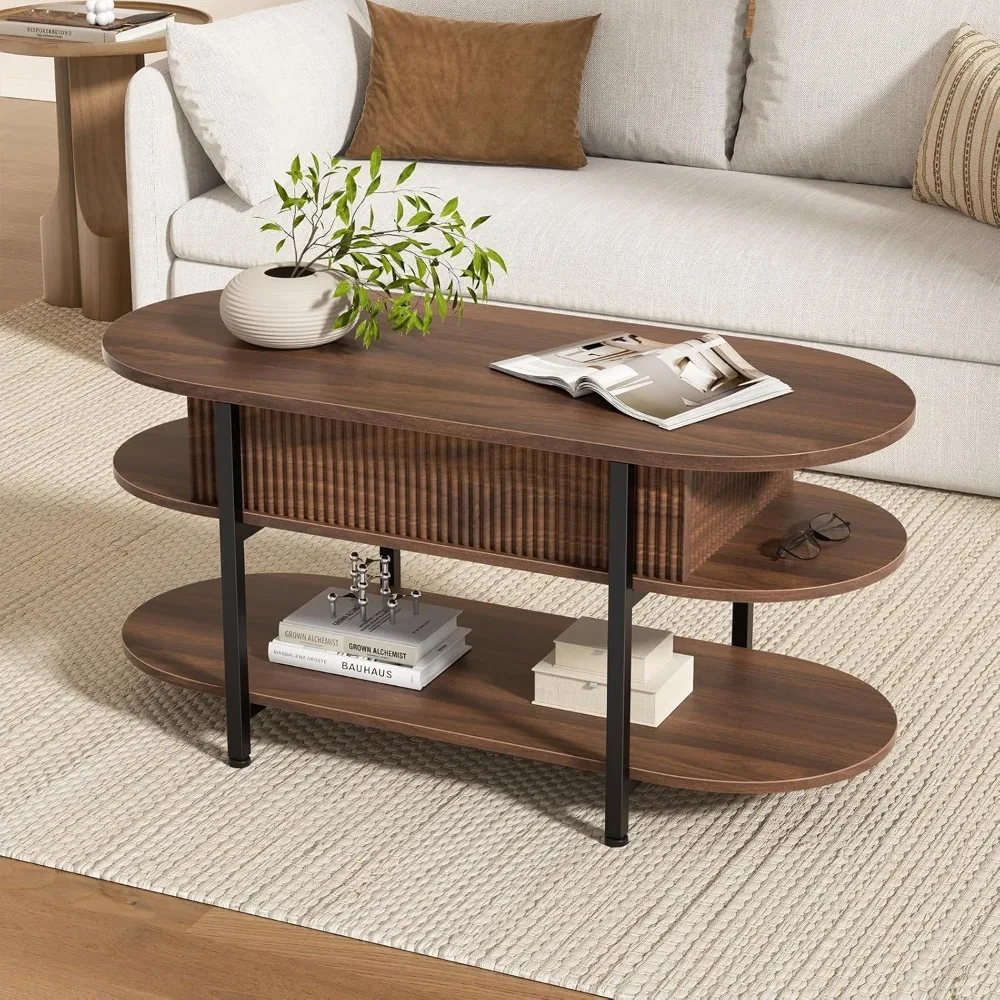 Modern Oval Coffee Table with Fluted Wood Center and 3-Tier Storage, Curved Edge Design