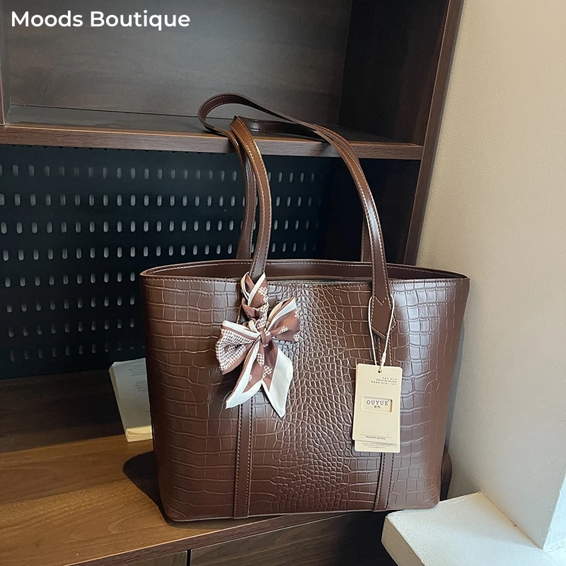 MOODS Crocodile Pattern Women Bag Big Capacity Shopping Shoulder Totes Pure Color Soft PU Leather 2025 Latest Handbag With Scarf