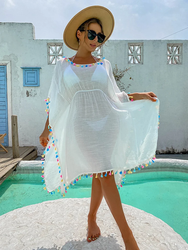 Seaside Seaside Beach Dresses Outing Long Dress Sexy Colorful Tassel Trim Tunic Bikini Cover Up Vacation Swimwear Wrap Beachwear