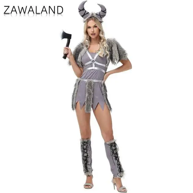 

Halloween Viking Warrior Costume Women's Grey Fur Dress with Leg Warmers for Carnival Party Medieval Viking Women Cosplay Dress