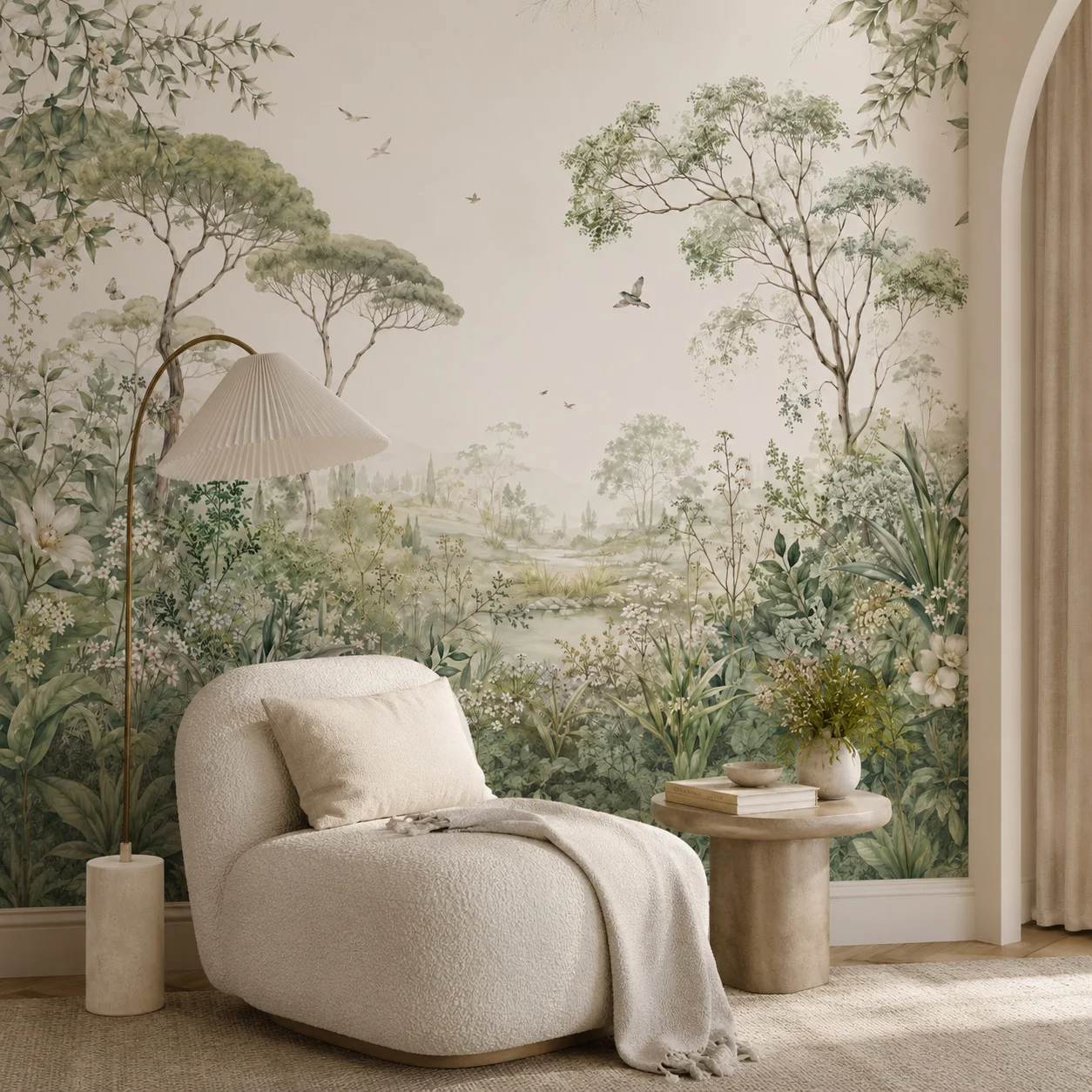 Vintage Sage Green Woodland Garden Wall Mural Wallpaper, Botanical Landscape with Birds for Living Room Bedroom, Paste Required
