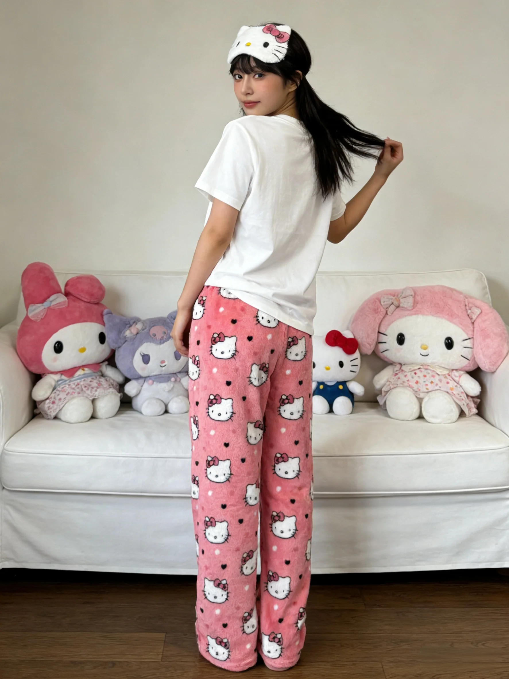 Hello Kitty Flannel Sleep Pants, Rose-colored Warm Lounge Pants, Stylish Strolling Pants for Parties! Ideal Holiday Gift! view 4