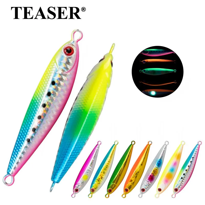 

TEASER J122 60g 80g 100g Micro Metal Jigs Bait Slow Sinking Metal Jigging Fishing Lure UV Glow Off Shore Micro Jig Spoon Lures