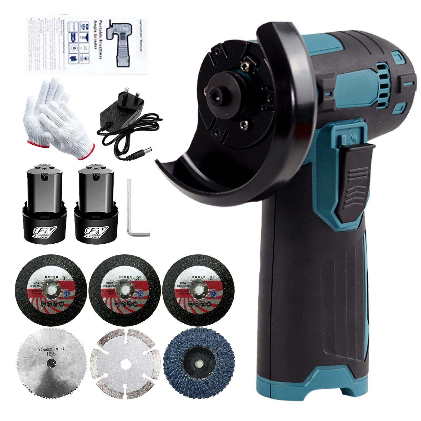 12V Cordless Brush Angle Grinder Kit Lightweight Angle Grinder Tool with 2PCS 1300mAh Lithium-Ion Battery & 6PCS Cutting Disc