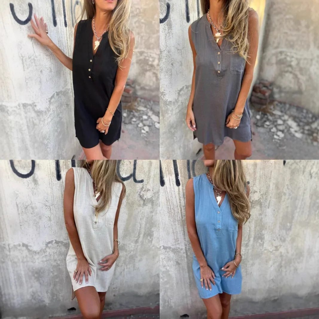 2025 ฤดูร้อนใหม่แขนกุดผ้าลินินเสื้อชุดผู้หญิงฤดูร้อนสบายๆหลวม Fit Boho Cotton Blend Tunic Top Beach สวมชุดวันหยุด