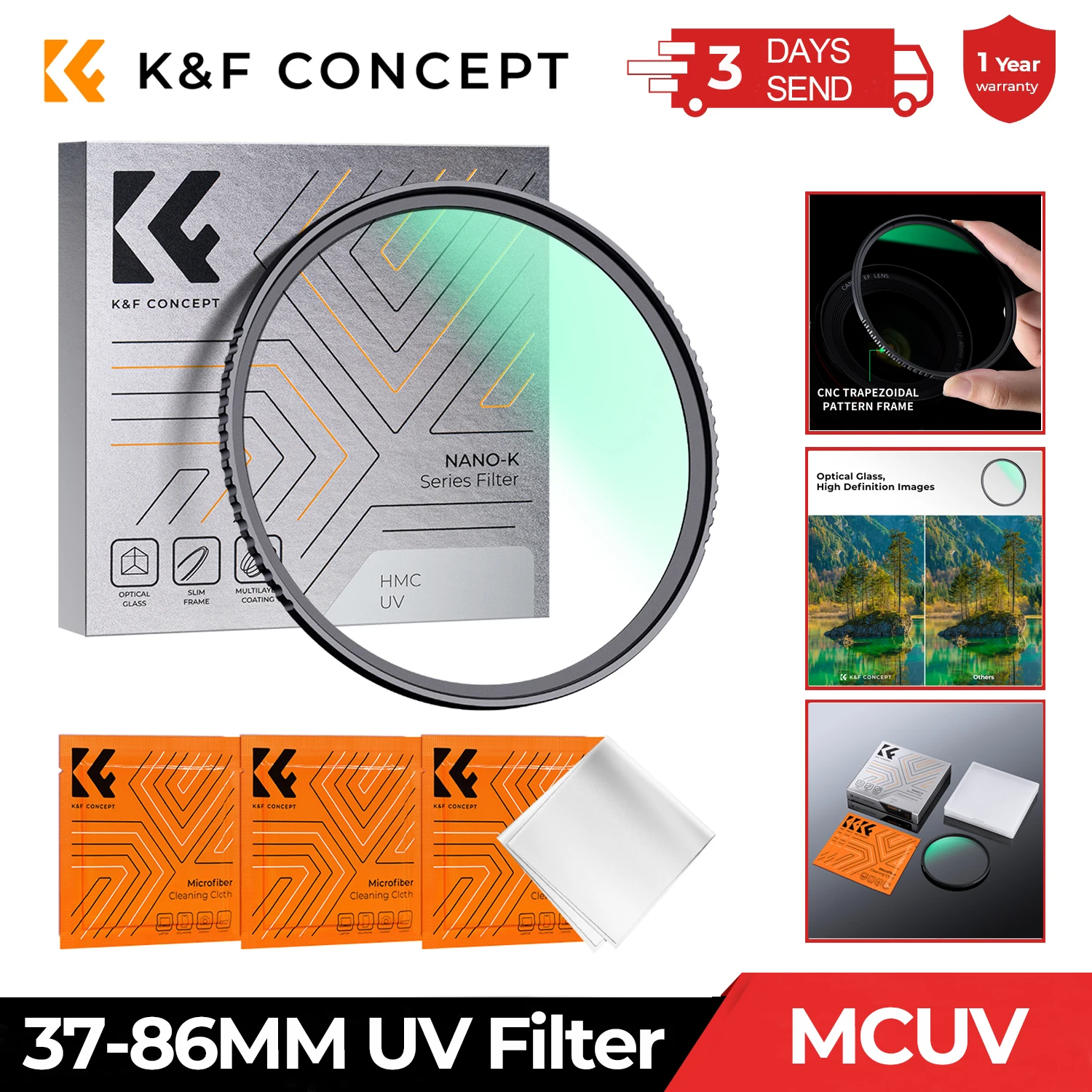 K & F Concept-lente de filtro UV de 37-86mm, lente óptica Ultra delgada MC con protección multicapa de 37mm, 49mm, 52mm, 58mm, 62mm, 67mm, 77mm y