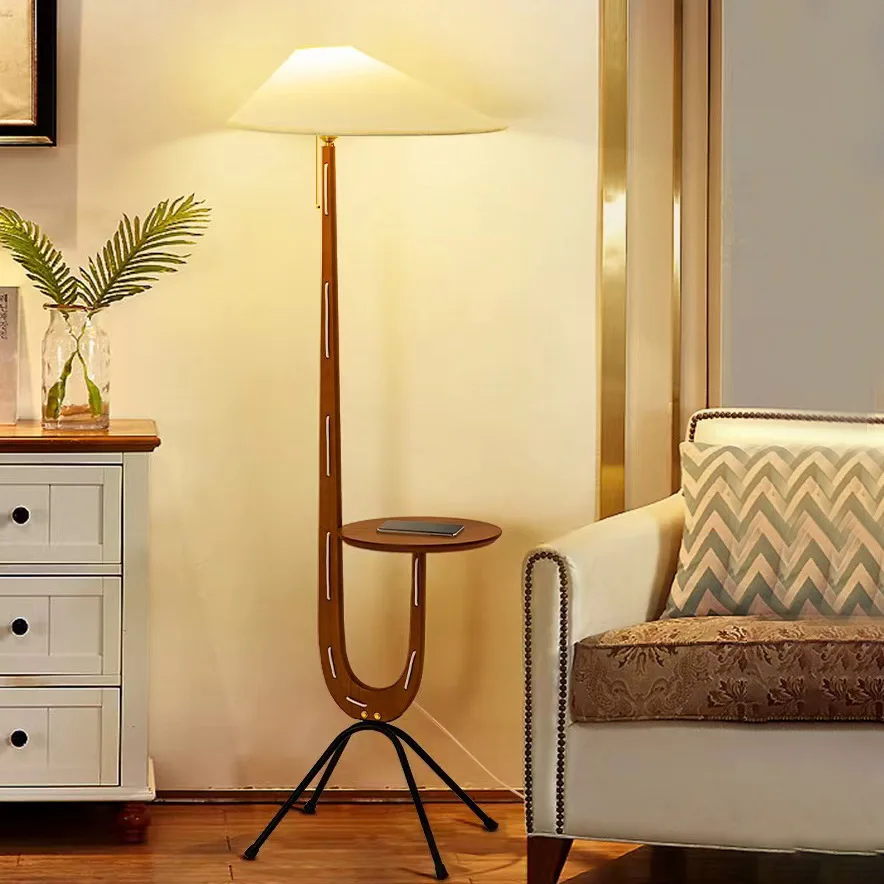 Giraffe Floor Lamp Retro Solid Wood Floor Lamp With Table LED Fabric Tall Lamp Living Room Wabi Sabi Reading Standing Lamp