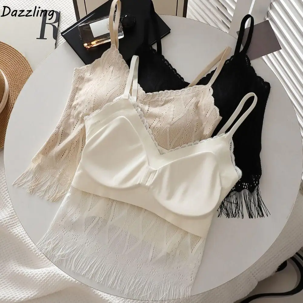 

Breathable Tassel Lace Mesh Camisole Sleeveless Seamless Lace Crop Top Deep V Thin Suspender Vest with Pads Women