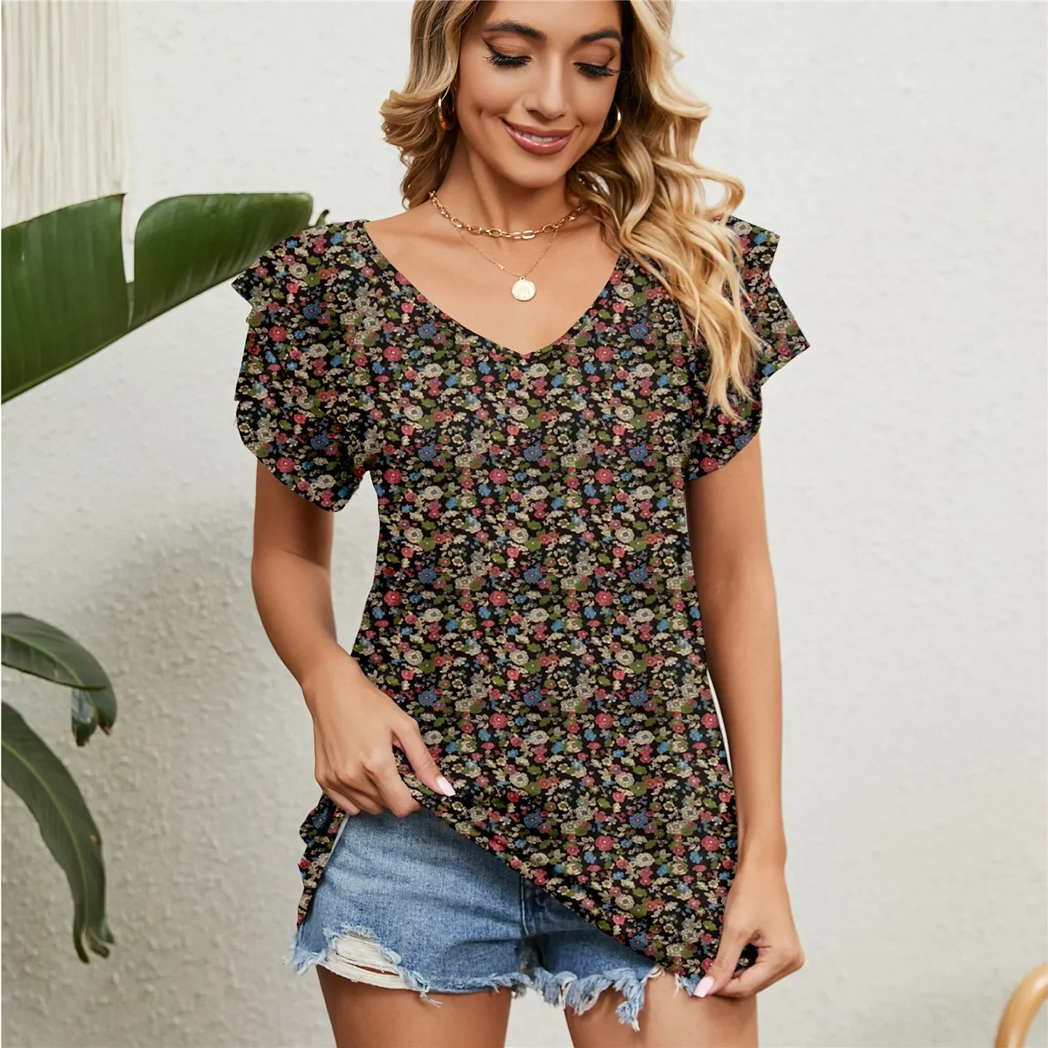 

Woman Clothing T-shirt Women's Floral Tops Cute Chiffon Blouse T Shirt Short Butterfly Sleeve Green Blue Grey Clothes for Women