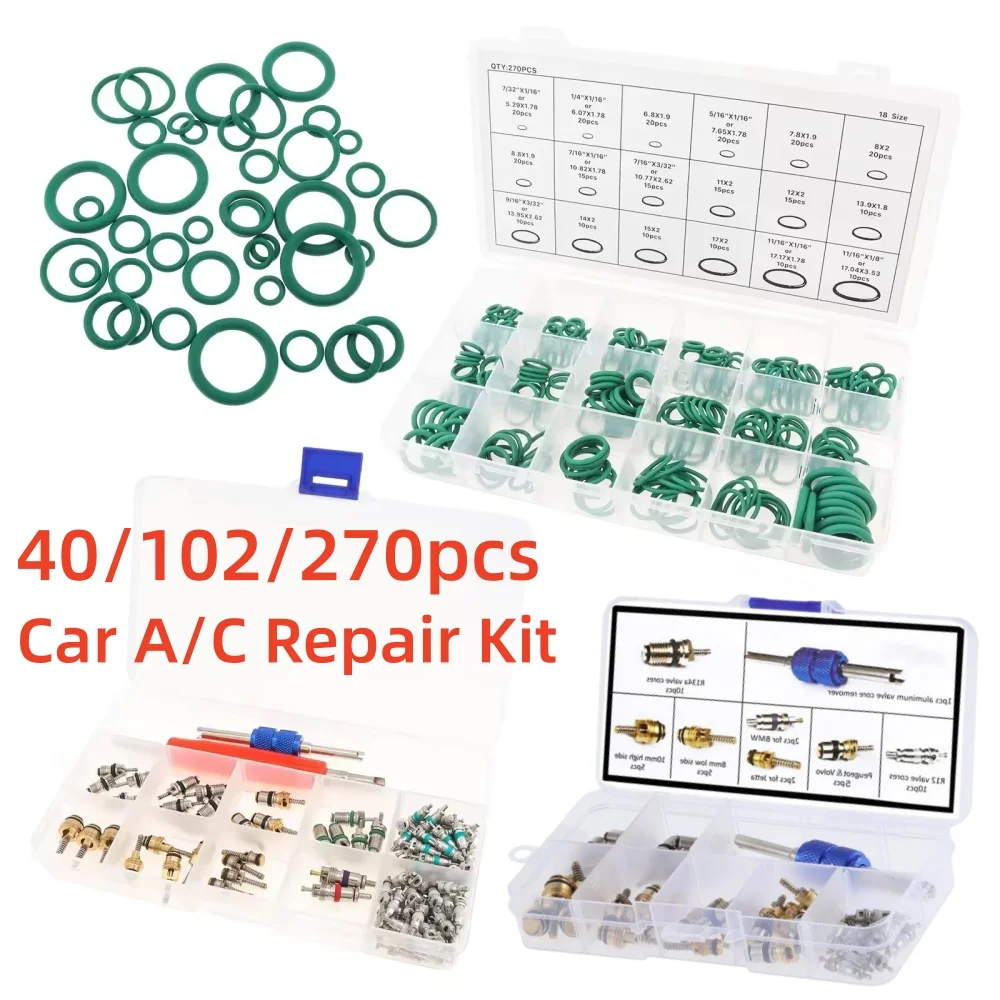 40/102pcs Car A/C Repair Kit R12 R134a Refrigeration Tire Valve Stem Cores,270pcs Car Air Conditioning Compressor Seals O-Ring
