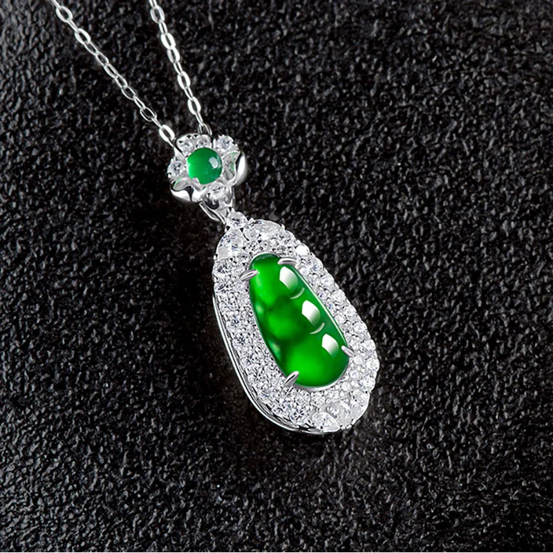 Natural a Cargo Emerald Sauteed Green Beans Stone S925 Silver Jade Pendant Women's Necklace