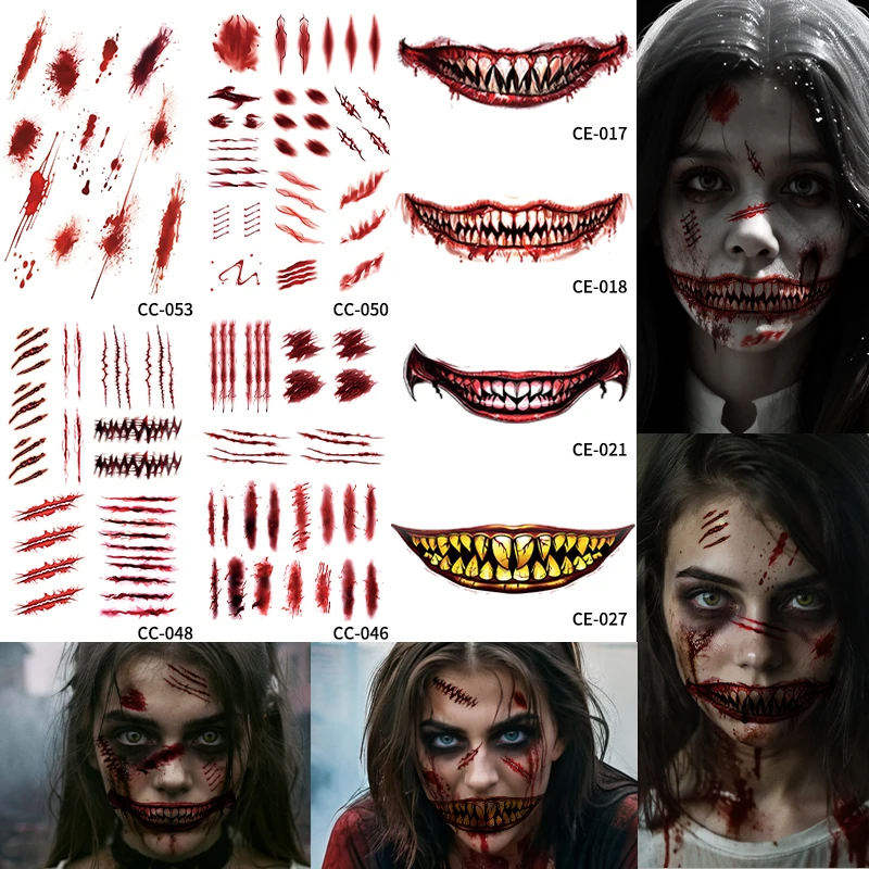

8Pcs Halloween Horror Temporary Tattoo Stickers, Scar Fang, Long-lasting and Waterproof, Halloween Role-playing, For Mouth Arm.