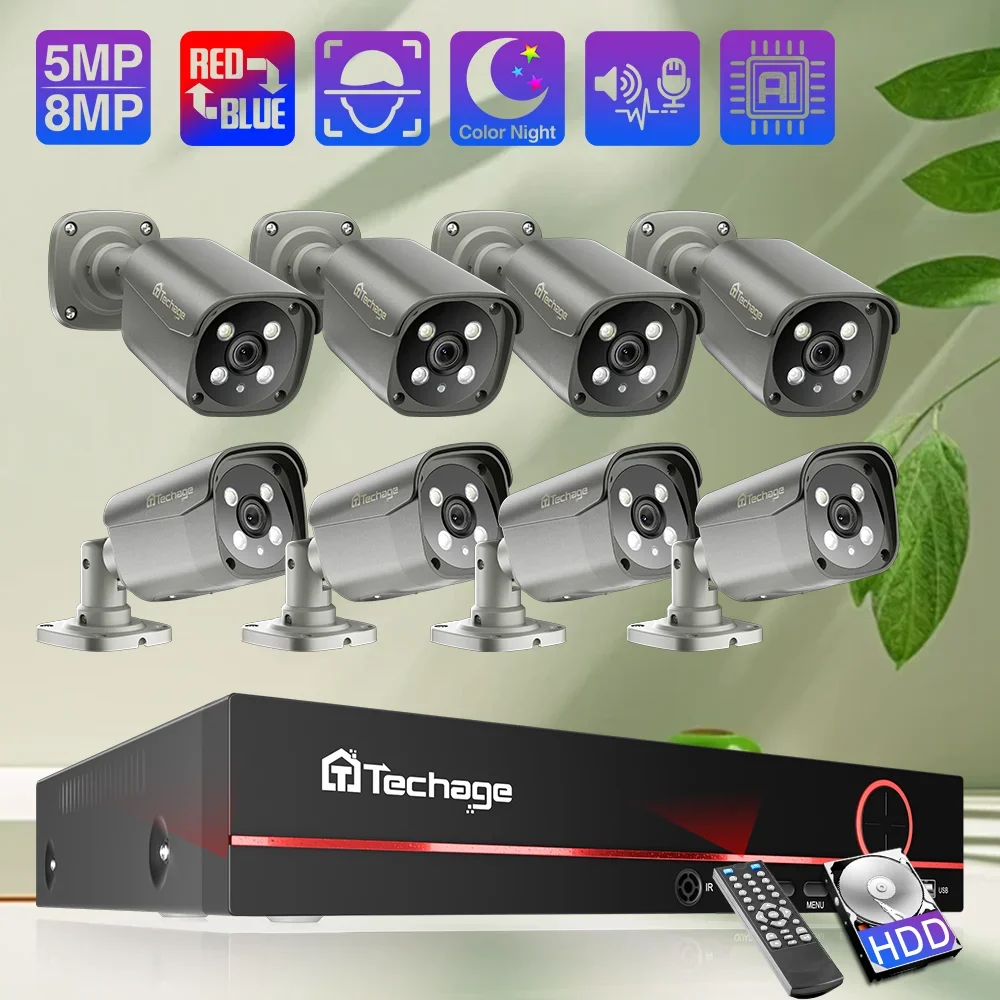 Techage 8CH 5MP 8MP POE Sistema di sorveglianza di sicurezza 4K HD POE IP Kit Audio bidirezionale Face Detect Metal Bullet H.265 Video esterno