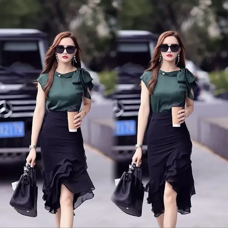 Office Sexy Women\'s Two Piece Set Green Ruffles Female Outfits Long Skirt Short Sleeve Black Maxi New in The Same Top and Bottom