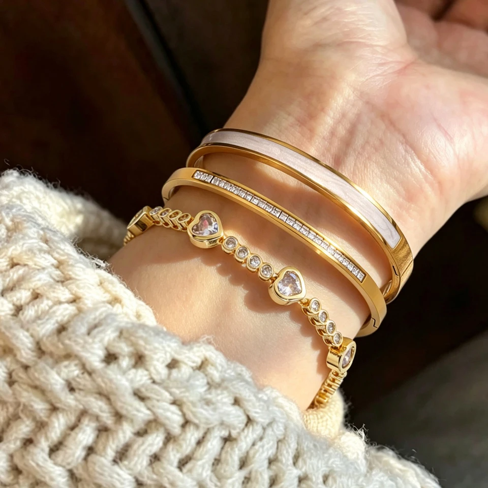 Luxury 1/3 Pieces Jewelry Set For Women Heart Bracelet Zircon Bangle Enamel Bangle Stackable Wedding Party Fashion Jewelry Gift