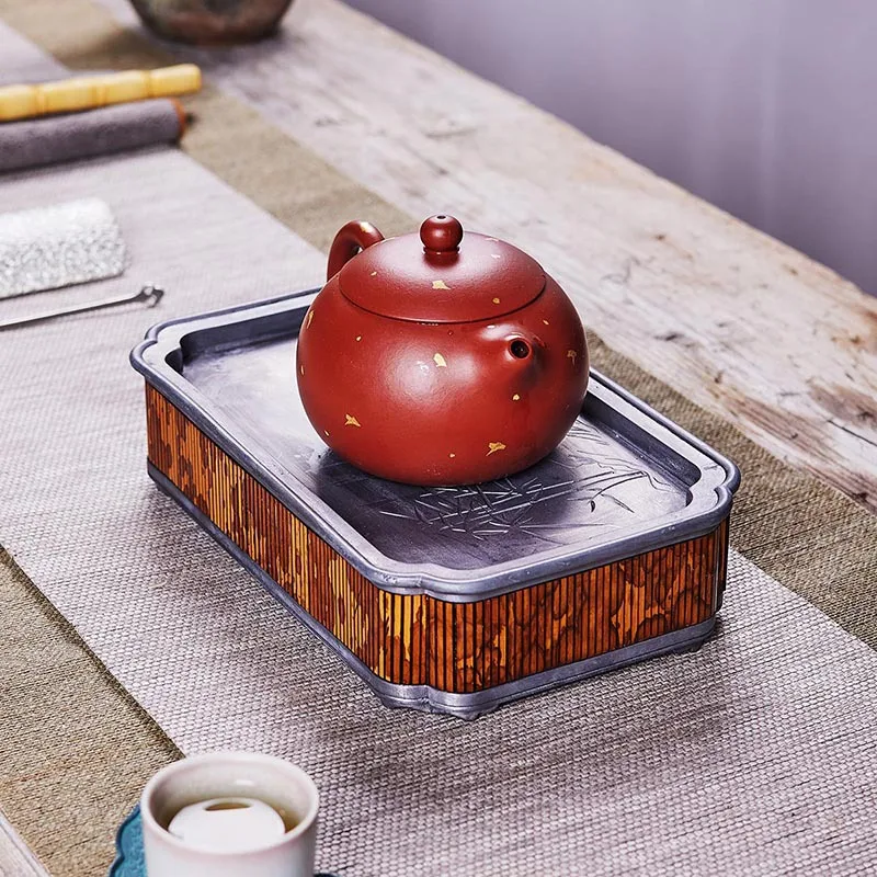 Xiangfei bamboo traditional retro teapot, ancient tin rectangular water storage and dry brewing tray, small tea table, tea tray