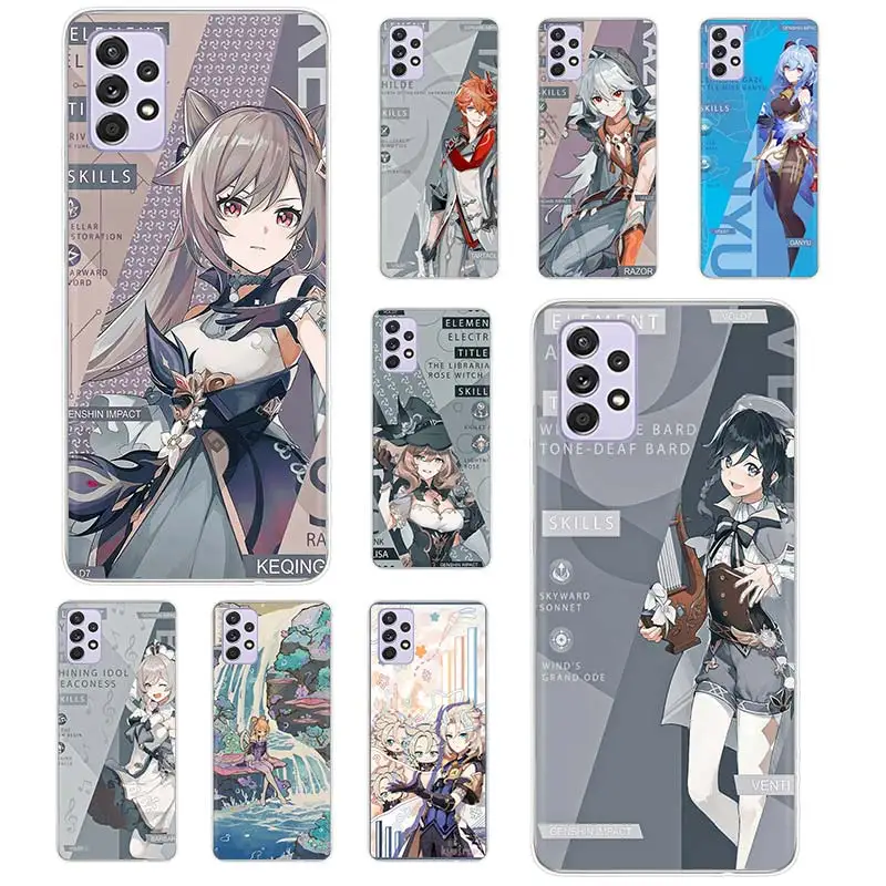 Caixa macia do telefone do silicone do impacto do anime dos desenhos animados Genshin, caixa do telefone para Samsung Galaxy A52, A53, A54, A12, A13, A14, A22, A23, A24, A32, A33, A34, A02S