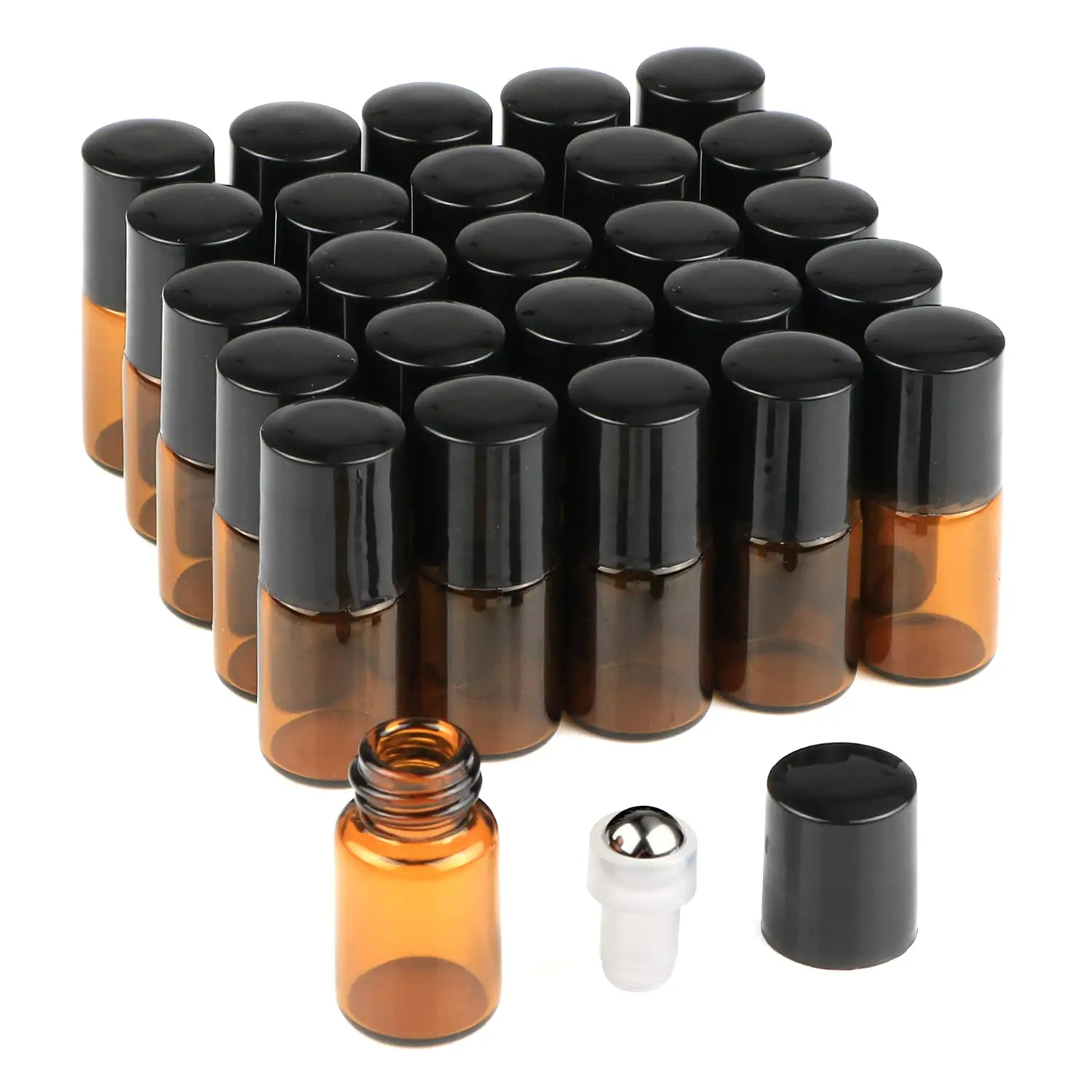 25 упаковок, 2 мл янтарный стеклянный рулон на флаконе для духов с шариком из нержавеющей стали, черные колпачки, мини-флаконы для образцов, эфирные масла