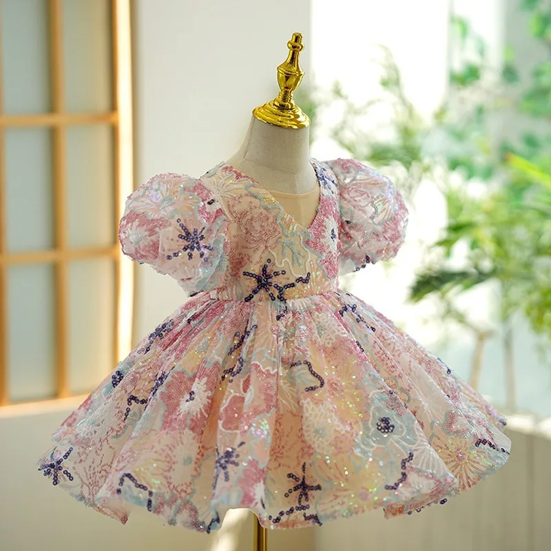 Luxury Birthday Party Dress for Girls with Bow Pink Embroidered Short Evening Gowns Kids Pageant Formal Occasion Dresses Wedding