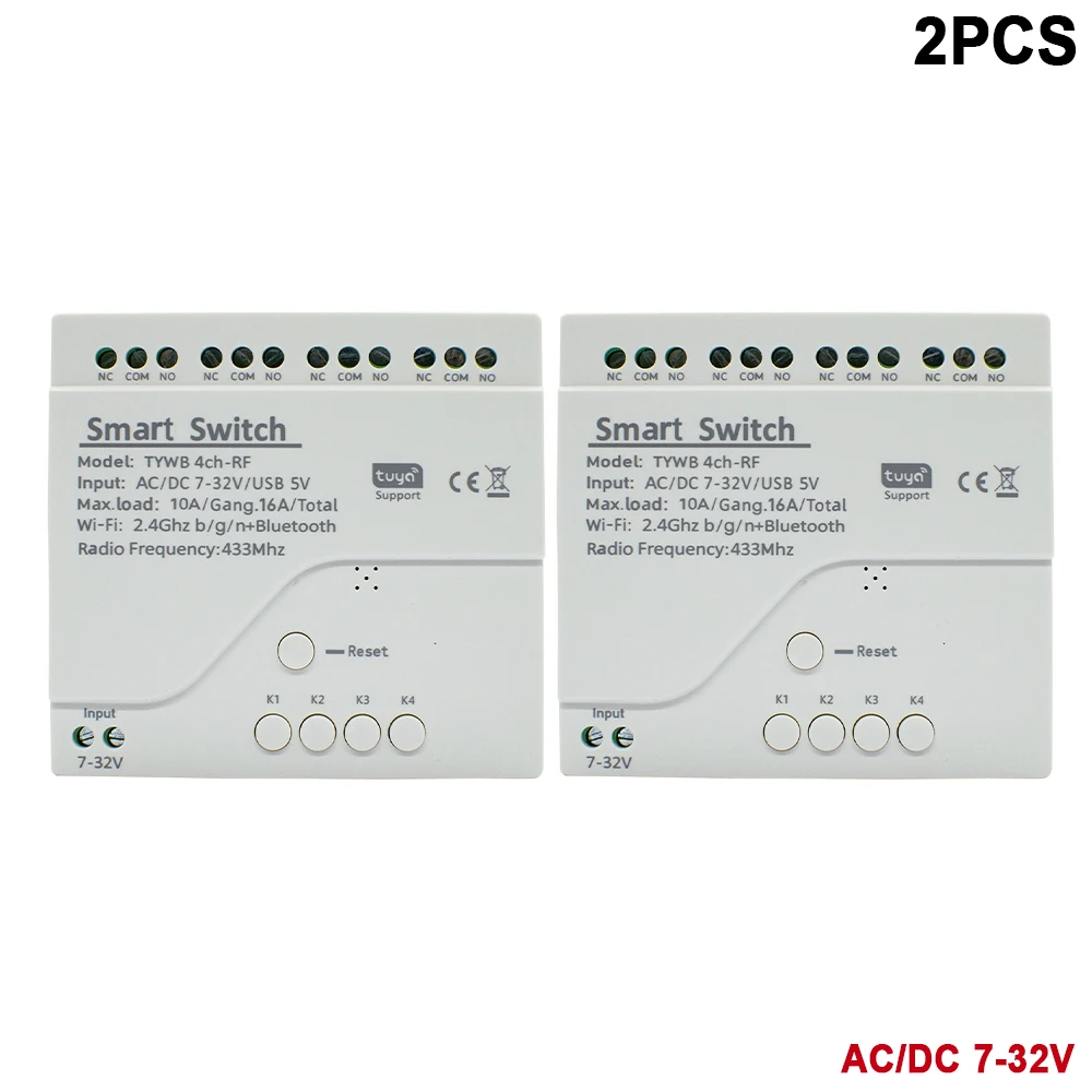 2PCS Tuya 4CH Smart Remote Control Wireless Wifi Switch Module DC7-32V AC85-250V 2200W RF Smart Life Receiver 10A wifi Relay